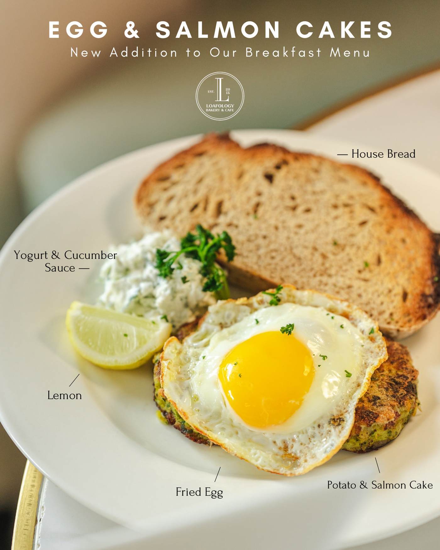 Introducing the newest addition to our breakfast menu at Loafology Bakery & Café: Egg & Salmon Cakes, served with a fried egg on top of a potato and salmon cake, house-made bread slices, yogurt and cucumber sauce, and a lemon wedge.