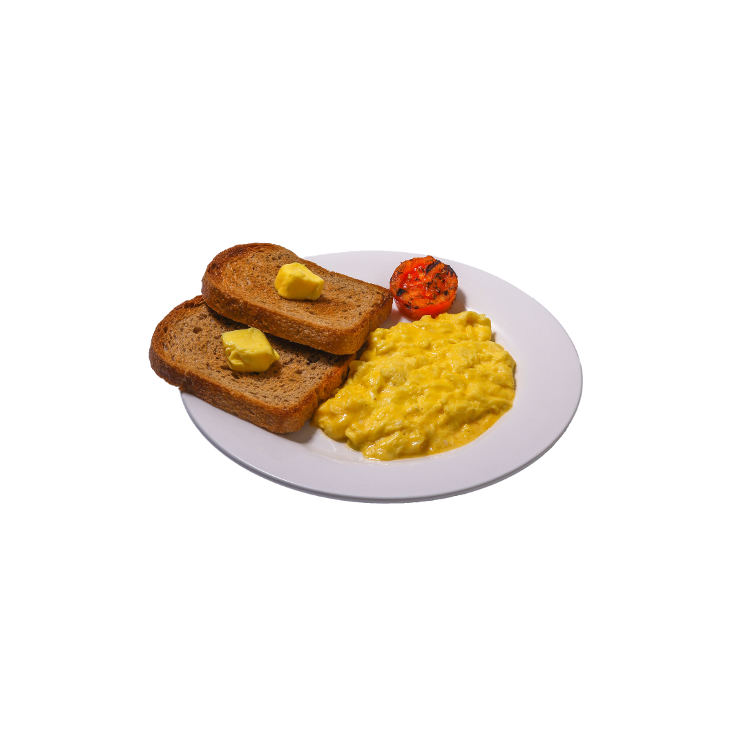 A plate of "Eggs your style" from Loafology Bakery & Café, featuring two slices of buttered house sourdough toast, a serving of organic scrambled eggs, and a roasted tomato slice.