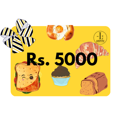 The Loafology Bakery & Café Gift Cards, valued at Rs. 5000, feature charming illustrations of baked goods such as a sandwich, cupcake, croissant, bagel, and bread. Adorned with a ribbon, they make the perfect birthday or anniversary gift for those who appreciate the finer things in life.