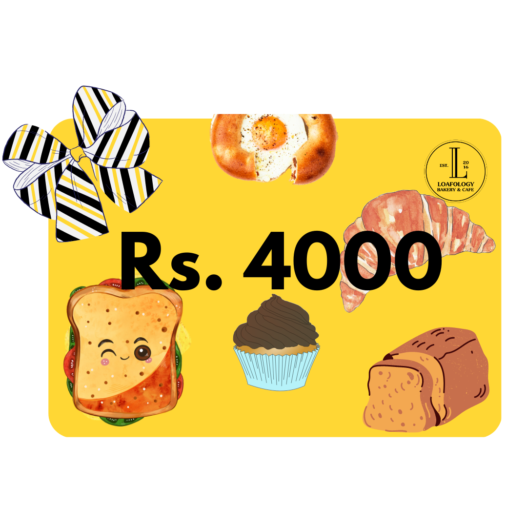 The Loafology Gift Card from Loafology Bakery & Café, valued at Rs. 4000, showcases delightful illustrations of a sandwich, cupcake, bread, croissant, and bagel with bows in the corners—making it an ideal gift for anniversaries or birthdays.